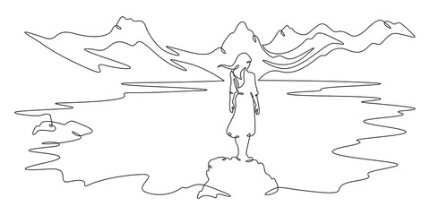 Continuous one line drawing woman on the shore of a mountain lake. Lake at the foot of high mountains. Mountain landscape.