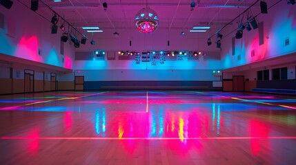 21. High school dance in a gymnasium with neon light floor and chrome disco ball