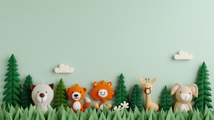 woodland animal plushies, toy collection in jungle setting, green tree background, safari characters, imaginative display, pastel tones, playful forest scene, clean copy space