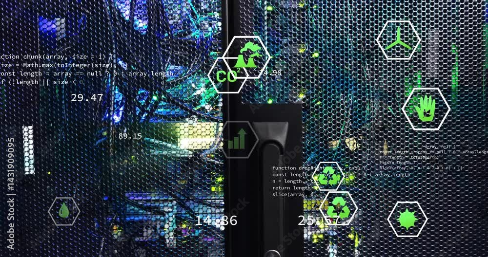 Poster server rack mesh front panel glowing, with floating green hex icons and streaming code metrics