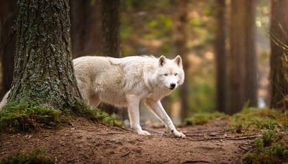 Obraz premium white wolf walking in the forest