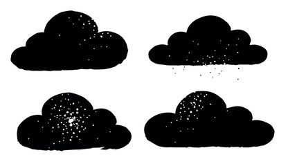 Collection of hand-drawn black grunge cloud shapes with splatter texture and soft edges, isolated on white background