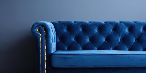 Obraz premium Luxurious deep blue velvet sofa with tufted backrest and elegant armrest adorned with gold studs, creating a sophisticated and modern interior design aesthetic