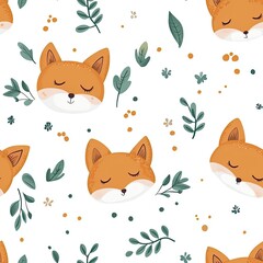 Obraz premium Adorable Fox Faces Seamless Pattern: Cute Woodland Creatures Design with Leaves and Flowers for Textile, Fabric, Wallpaper, and Kids Products