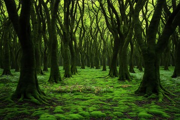 Obraz premium A Verdant Enchanted Forest Beckons with Mysterious Depths and Lush Greenery in Tranquil