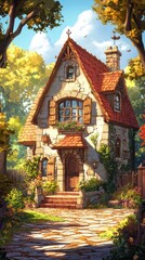 Charming fantasy house nestled among vibrant trees in a warm, sunlit garden featuring whimsical details and a fairy tale ambiance