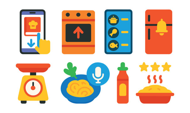 Flat vector icons of cooking automation: recipe selector, auto-preheat icon, smart cooking modes, ingredient reminder, weight detection, dish suggestion, voice recipe guide, cooking result rating.