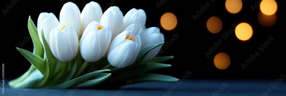 Poster spring floral arrangement with white tulips against a dark background emphasizing light bokeh effect