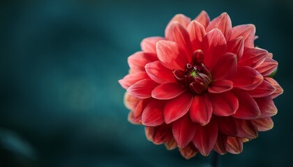 close up of a single red dahlia flower against teal dark moody background shallow depth of field with soft focus and dreamy light