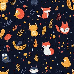 Adorable Autumn Animals Seamless Pattern Design Featuring Foxes, Birds, and Cats on Dark Background