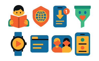 mindful content consumption: focused reading icon, intentional media badge, limited content scroll, filter by emotion icon, watch with purpose, one-tab browsing, guided viewing icon, app clarity mode.