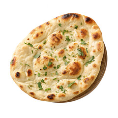 Golden Brown Flatbread Naan with Crispy Texture, Freshly Baked, Overhead View on White Background