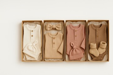 Stylish newborn outfits displayed in elegant packaging for special occasions