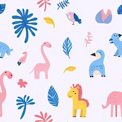 Adorable Cartoon Animals and Tropical Leaves Pattern: Delightful Childrens Illustrated Background