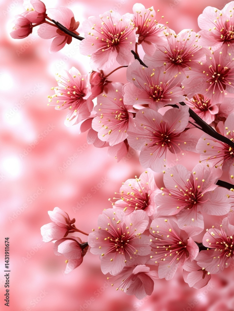 Poster spring blossoms with delicate pink flowers creating a serene atmosphere and ample copy space for add