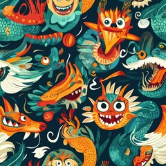 Vibrant Dragon Seamless Pattern: A whimsical fantasy art textile design with colorful mythical creatures and intricate details