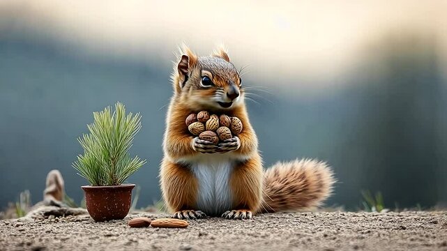 A fluffy squirrel cradles a large pile of nuts