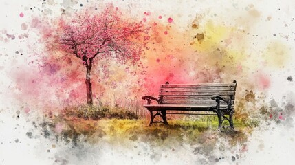 Obraz premium A tranquil park scene with a blossoming tree and bench.