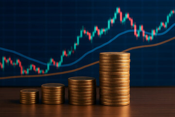 Stacked coins with a financial graph background.