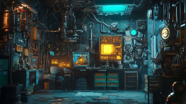 62. Antique shop with glowing objects and old tech floating