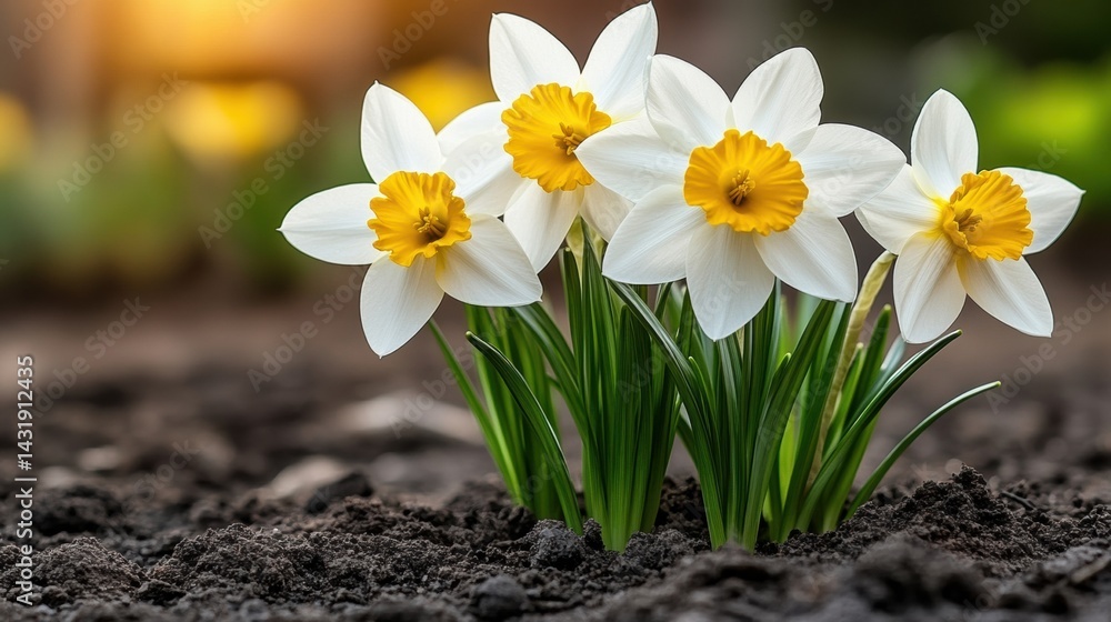 Poster bright daffodils blooming in springtime soil with plenty of space for additional text and creative d