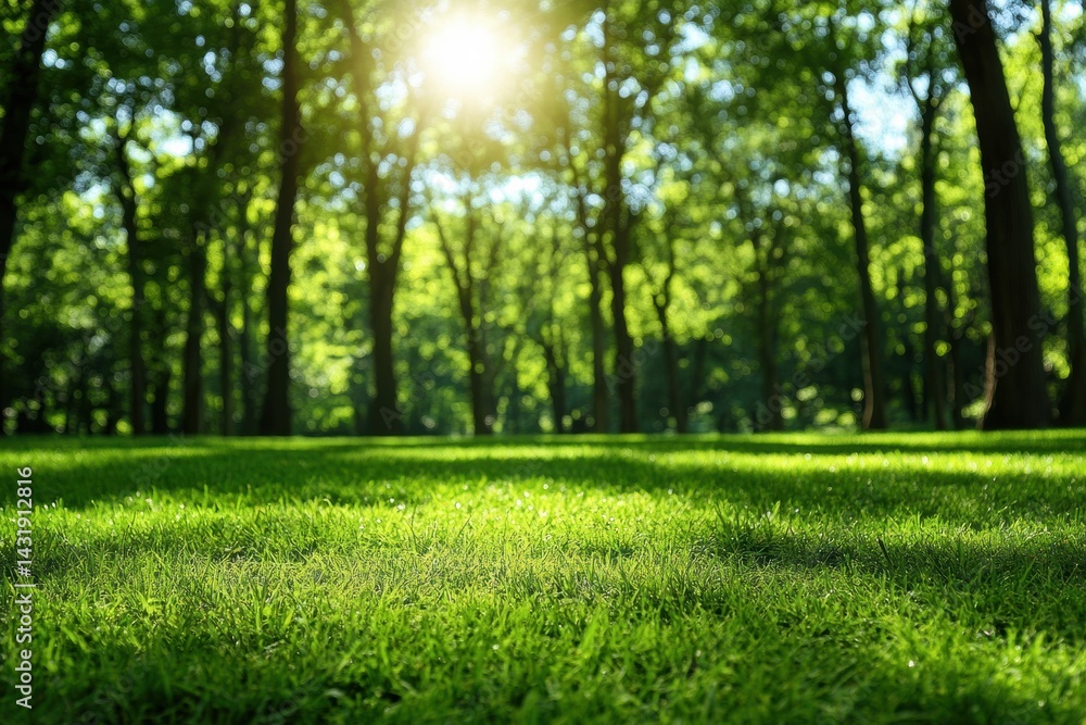 Aufkleber lush green grass under the warm sunlight in a vibrant spring forest with ample space for adding text