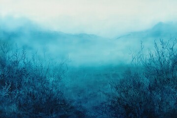 Misty, teal landscape scene with muted mountain range.