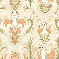 Fototapeta premium Elegant Damask Pattern with Mythical Creatures: Unicorns, Dragons, and Floral Motifs in Soft Peach and Olive Green Hues
