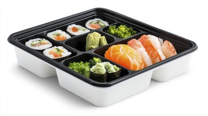 Fresh sushi platter with salmon shrimp and assorted rolls. Generative AI