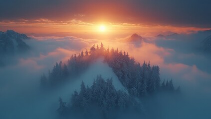 Fototapeta premium Sunset over snowy mountain forest.