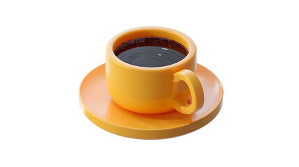 Bright yellow coffee cup filled with steaming black coffee on a matching saucer.