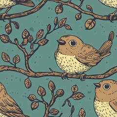 Charming Avian Illustration: Birds on Branches, Vintage Style Nature Print, Teal Background