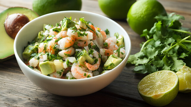 Fresh shrimp ceviche with avocado, cilantro, and lime, presented in a white bowl surrounded by fresh lime and avocado.