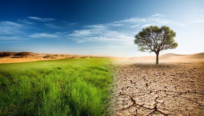green grass field with a tree and a desert with dead earth and dry grass generative ai