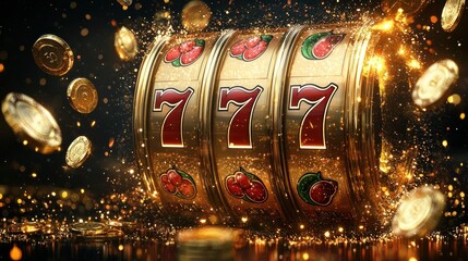 Lucky Seven Jackpot:  Golden Slot Machine Reels with Sparkling Coins