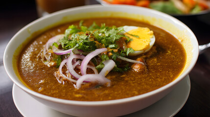 A bowl of flavorful curry topped with boiled egg, fresh cilantro, and onions, served in a cozy setting.