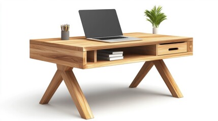 Fototapeta premium Modern wooden desk with laptop plant and stationary. Generative AI