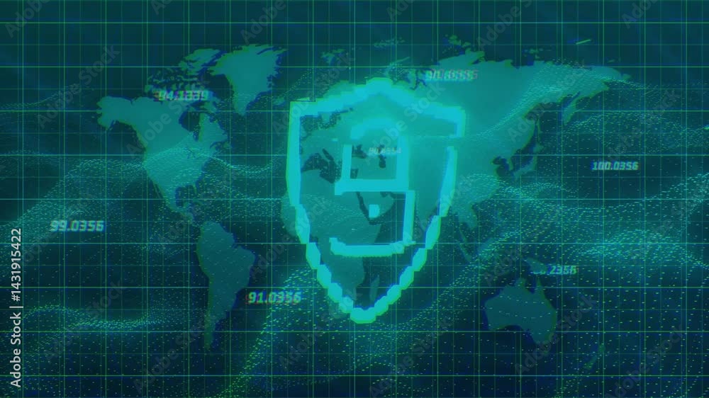 Poster pixelated shield occupying center amid neon gridlines and dotted data streams animating global data