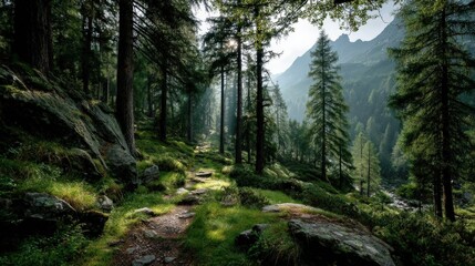 Sunlit forest slope in Austria showcasing firs and alpine pines with vibrant grass