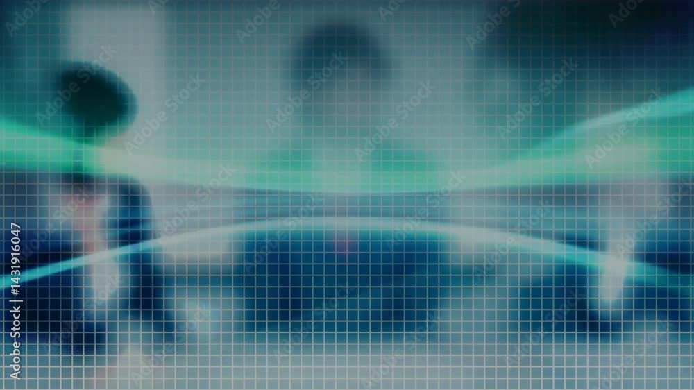 Aufkleber man silhouette standing behind grid, interacting with neon light waves and wireframe data sphere