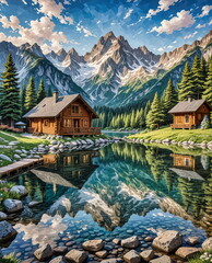 Obraz premium Serene Mountain Cabin by the Lake