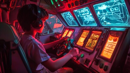 110. Teen using joystick to pilot lightship from 80s style cockpit