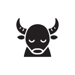 Cute, Sleeping Bull Icon for Graphic Design.Simple, black and white, stylized icon of a sleeping bull's head.