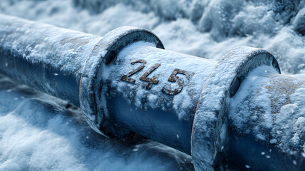 Close-up of a frozen pipe with the number '245' visible, surrounded by snow and ice, creating a harsh winter atmosphere.