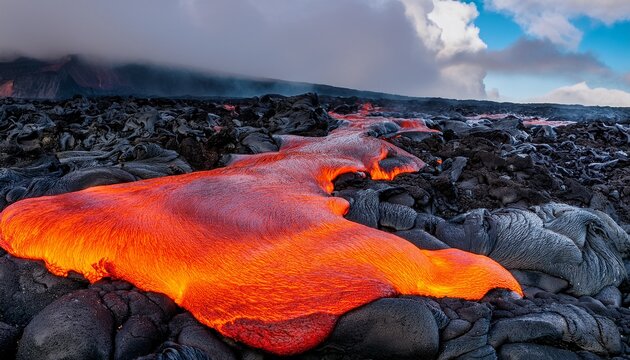red orange vibrant molten lava flowing onto grey lavafield and glossy rocky land near hawaiian volcano with vog on background