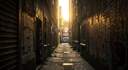 Obraz premium Sunlit Graffiti Alleyway Urban Exploration Photography