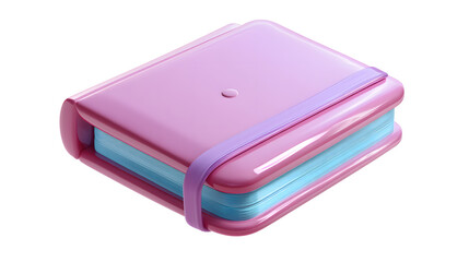 A vibrant pink binder featuring a shiny finish and a contrasting blue interior, secured with a lavender elastic band.