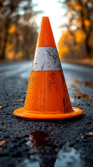 A modern, clean construction cone stands on a sunlit road, its bright color and sharp lines blurred in motion, symbolizing caution, safety, and ongoing progress in urban development.

