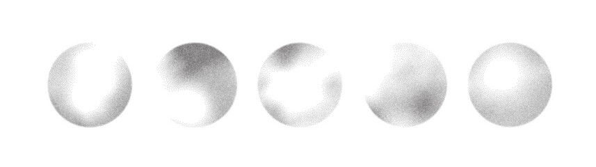 Grain noise dot sphere with gradient spray pattern background vector. Abstract brush round dissolve effect with grainy sand and ink. Sun white black stipple planet fade with halftone shadow ring. © RDVector