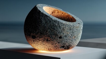 Elegant gray stone-textured desk light on minimalist plinth with ambient glow